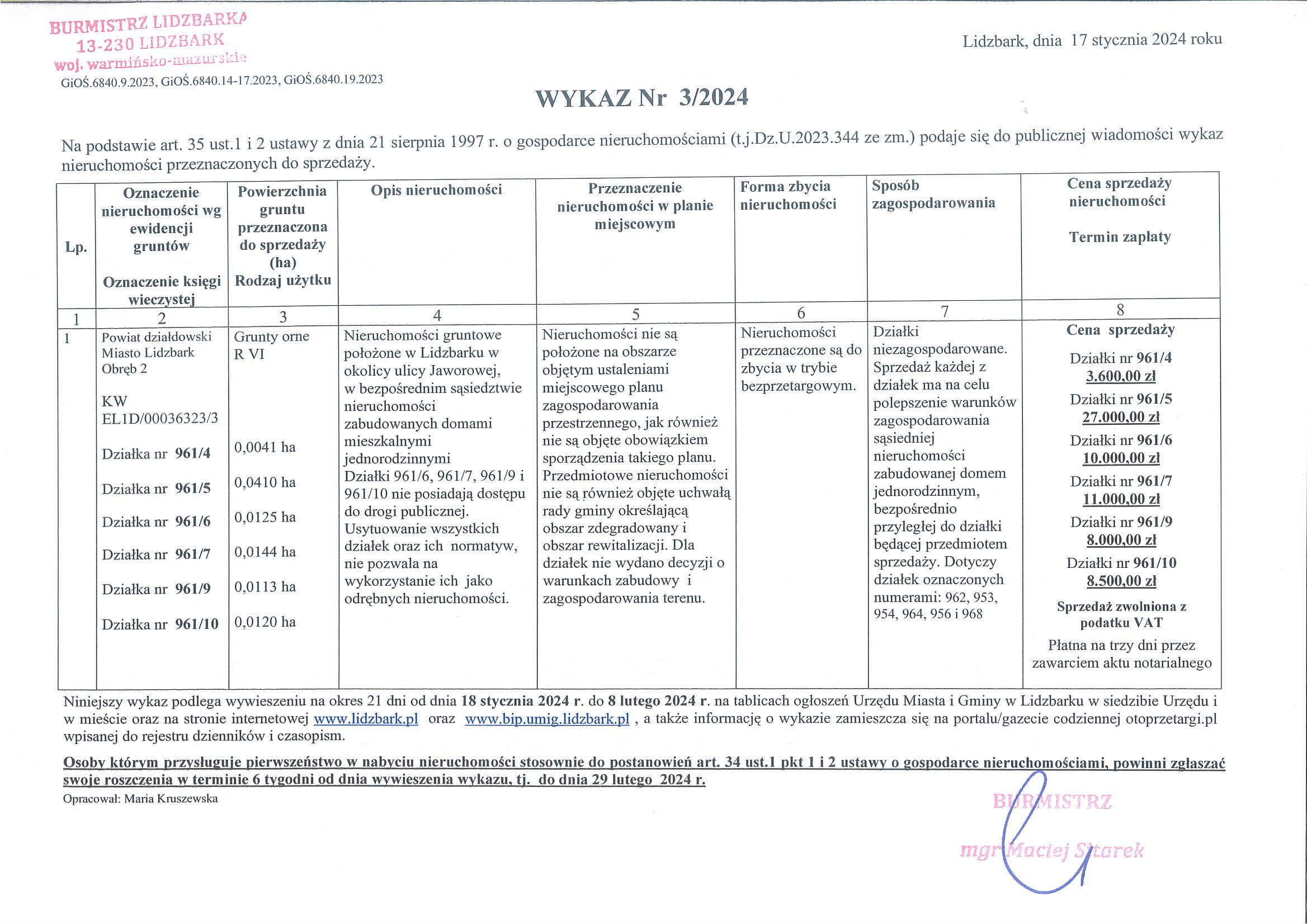 Wykaz Nr 3/2024 - Nieruchomości gruntowe do sprzedaży